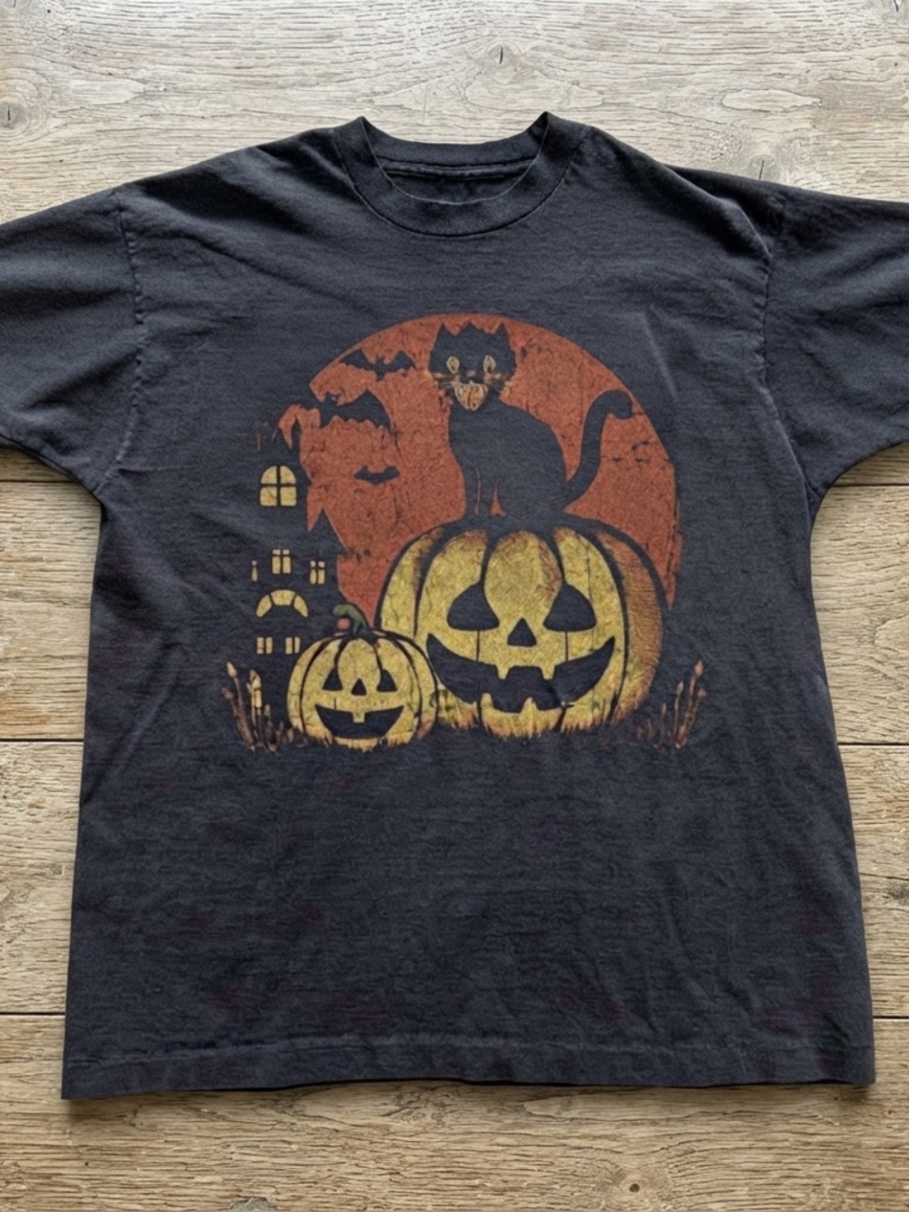 Gildan Black Tee with Halloween Cat & Pumpkins Graphic